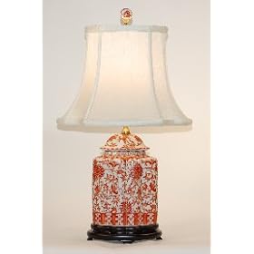 Scalloped Oval Coral and White Porcelain Table Lamp with Oval Silk Shade