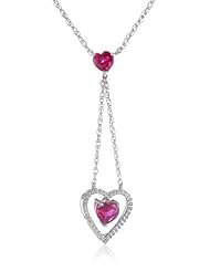 Sterling Silver Heart Created Ruby and Diamonds "Y" Neck Pendant Necklace, 16"