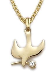 24K Gold Over .925 Sterling Silver Holy Spirit Peach Dove Necklace in a Descending and Crystal CZ Stone Design Childrens Religious Jewelry Confirmation Gifts Gift Boxed.w/Chain Necklace 18" Length Gift Boxed.