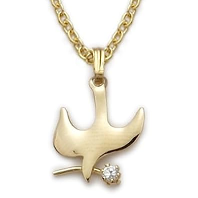 Cheap Girls Jewelry 24K Gold Over .925 Sterling Silver Holy Spirit Peach Dove Necklace in a Descending and Crystal CZ Stone Design Childrens Religious Jewelry Confirmation Gifts Gift Boxed.w/Chain Necklace 18" Length Gift Boxed. For Sale
