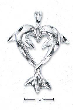 Sterling Silver Diamond Cut Kissing Dolphin Pendant With Entwined Tails