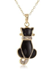 Goldtone Finish Silver Diamond Accent Black Enamel Cat Pendant Necklace, 18"