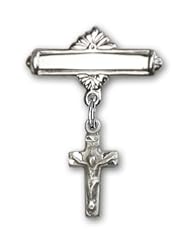 Sterling Silver Baby Badge with Crucifix Charm and Polished Badge Pin