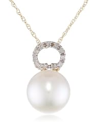 10K Yellow Gold 10 - 10.5mm Freshwater Cultured Pearl and (0.06 cttw, G-H Color, I2-I3 Clarity) Diamond Pendant Necklace, 17"