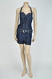 Women's Denim Halter Neck Corset Romper with Lace-up and Contrast Stitching Detail
