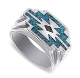 South Western Native American Turquoise Coral Aztec Design Band Sterling Silver Ring