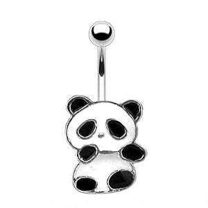 Panda Bear Stainless Steel Belly Button Ring Silver Bar - Dangleing Panda Bear Navel Ring (1pc)