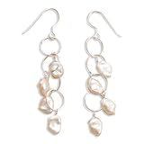 Sterling Silver French Wire Earrings w/Open Circle Design, 10mm Keshi Pearl Drops, 2 inch