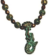 Patina Mermaid Necklace with Turquoise Magnesite, Beads and Freshwater Pearls on Black Leather 28 Inch