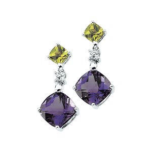Genuine IceCarats Designer Jewelry Gift 14K White Gold Gen Amet,Gen Per & Dia Ear. Pair .06 Cttw;P;Genuine Amethyst,Genuine Peridot And Diamond Earrings Gen Amet,Gen Per & Dia Ear In 14K White Gold