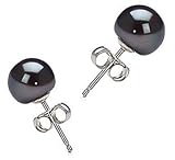 7-8 mm Round Button Black Freshwater Pearl Earrings, AA+ Quality, Sterling Silver Post