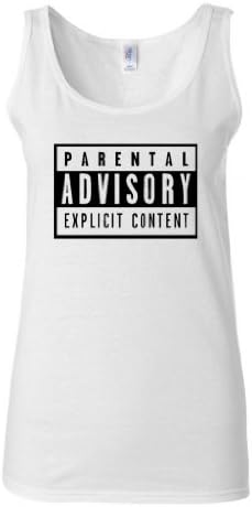 Junior Parental Advisory Explicit Content Graphic Humor Tank Top (Small, White w/Black)
