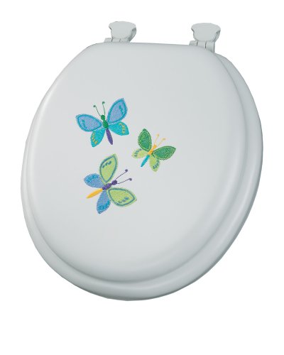 Mayfair 1373EC 000 Butterfly Trio Embroidered Soft Toilet Seat with Lift-Off Hinges, Round, White
