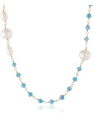 Gold-Plated Sterling Silver, Turquoise, and White Freshwater Cultured Pearl (7.5-8mm) Endless Necklace, 36"