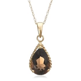 14k Yellow Gold Pear Shaped Rope Design Smoky Quartz Pendant