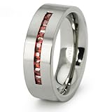Invisible Red Garnet Princess CZ Unisex Titanium Wedding Band Ring