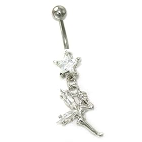 Cute Tinkerbell Fairy Ice Crystal & Star Charm Belly/Navel Ring Silver Tone