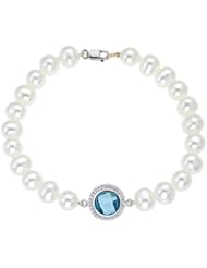 White Pearls bracelet with 14k White gold Blue Topaz charm
