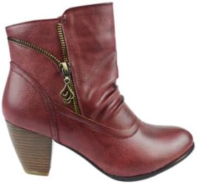 Women's Ruched Burnished Faux Leather Zipper Booties (Miffe-02) Burgandy 7 M US