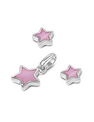 Plain Sterling Silver Space Design Pink Star Pendant and Earrings Jewelry Set
