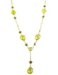 14 Karat Yellow Gold Faceted Green & Smokey Quartz Lariat Necklace (17 Inch)