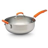 Rachael Ray Stainless Steel II Covered Chef Pan with Helper Handle, 6-Quart, Orange