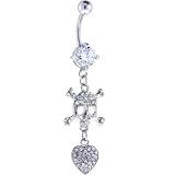 Crystalline Cubic Zirconia Skull and Heart Dangle Belly Ring