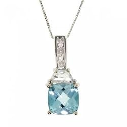 Blue Topaz, White Topaz & Diamond Pendant & Box Chain Necklace in White Gold