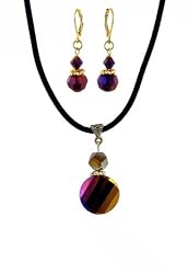 Necklace - N527 - Vitral Colored Fire Polished Glass Pendant hung on 16" Black Velvet Flock Cord + 2" Extension Chain AND matching Earrings ~ Round Shape