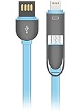 2 in 1 Charging Cord & Data Cable with Micro and Lightning Connectors. Flat cable. Rapid charge and data sync iPhone 5/5C/5S/6/ 6 Plus, iPad, Samsung, HTC, Motorola, Nexus, Nokia, LG, HP, Sony (BLUE)