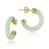 18K Gold over Sterling Silver Green Chinese Jade Half Hoop Earrings