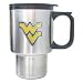 On the Road Again?< 14 oz. Stainless travel mug is plastic lined, with a plastic cover to keep your hot or cold drinks. Colorful metal applique is approx 2 inches high, mug is approx 5 1/2IN tall.
