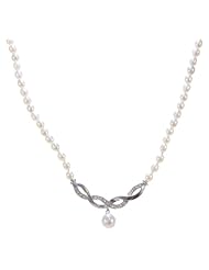 Beautiful 925 Sterling Silver 4.0-7.0mm Cream Pearl Women Necklace with Cubic Zirconia/CZ - 15.7 inch