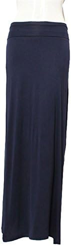 Women's Rayon Span High Waist Fold Over Maxi Skirt (Large, Navy)