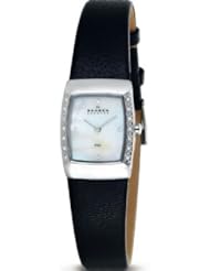 Skagen Womens 684XSSLB1 Skagen Denmark White Mother-Of-Pearl Square Leather Wo Watch