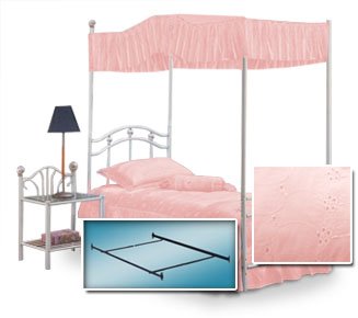 White Twin Princess Bed Frame, Canopy Frame, Fantasy Eyelet Pink Canopy Fabric & White Night Stand