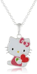 Hello Kitty Fine Silver Plated Enamel Holding Heart Pendant Enhancer