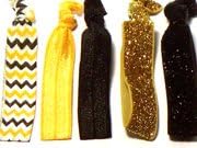 5pc Metallic Glitter & Matte Hair Bands, Pony Tail Holder - Bracelet Hair Ties, New Orleans Saints Colors & USM Colors, Black & Gold