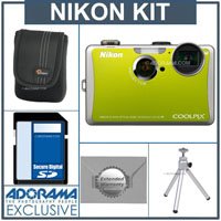 Nikon Coolpix S1100pj Digital Camera Kit - Green - with 4GB SD Memory Card, Camera Case, Table Top Tripod, 2 Year Extended Service Coverage
