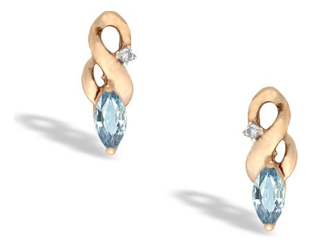 14K Yellow Gold Genuine Marquise Aquamarine and Diamond Earrings