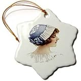 Victorian Lady With Blue Bonnet Bonnet - 3 Inch Snowflake Porcelain Ornament