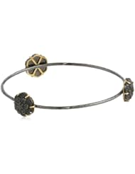 Fern Freeman Textured Rhodium Silver with 20K and Pave Black Diamond Flowers Bangle Bracelet, 7.853"