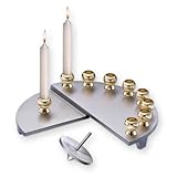 Silver Colored Candelabra Menorah with Gold Plated Candle Holders & Detachable Dreidel