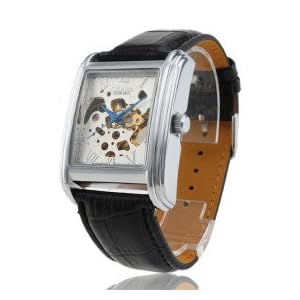 MENS MECHANICAL WRIST WATCH WITH BLACK LEATHER BAND