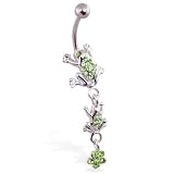 Navel ring with dangling green jeweled frogs and flower