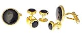 Gold plated round cufflinks and shirt set set with black accent