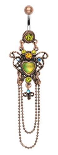 14g Dangling Chandelier Sexy Belly Button Navel Ring Dangle Body Jewelry Piercing with Gem Heart and Surgical Steel Bar 14 Gauge 3/8