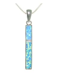 Sterling Silver Created Blue Opal Stick Pendant with 18 Inch Box Chain Necklace