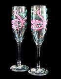 Flamingo Frolic Design - Hand Painted - Matching Set of Toasting Flutes - 6 oz.