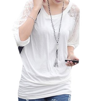 (Clack) レディース 大きいサイズ チュニック / 7分 袖 半袖 ドルマン レース 切替 2L 3L 4L 5L ホワイト